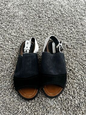 Charles David Black Suede Open-Toe Slingback Mules with Silver Strap